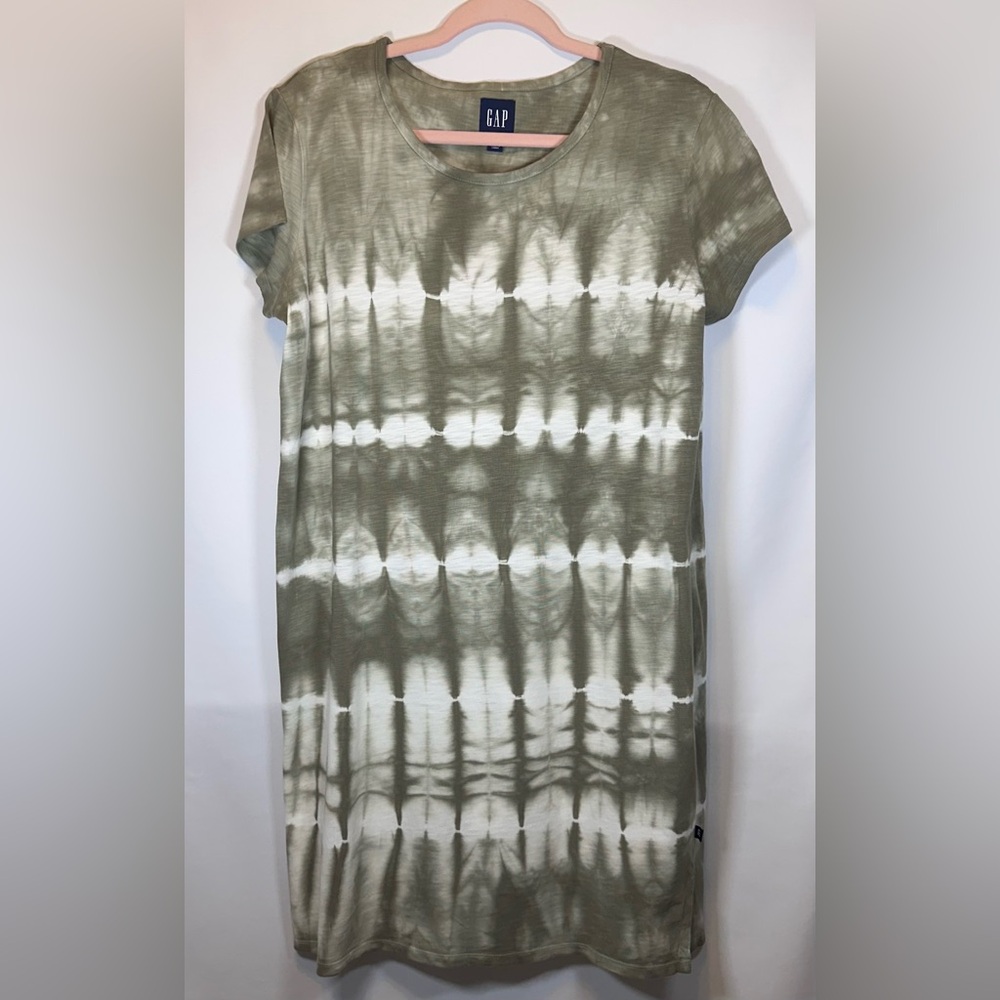 GAP T-Shirt Dress Olive Green Striped Tie Dye Size Medium Cotton Modal